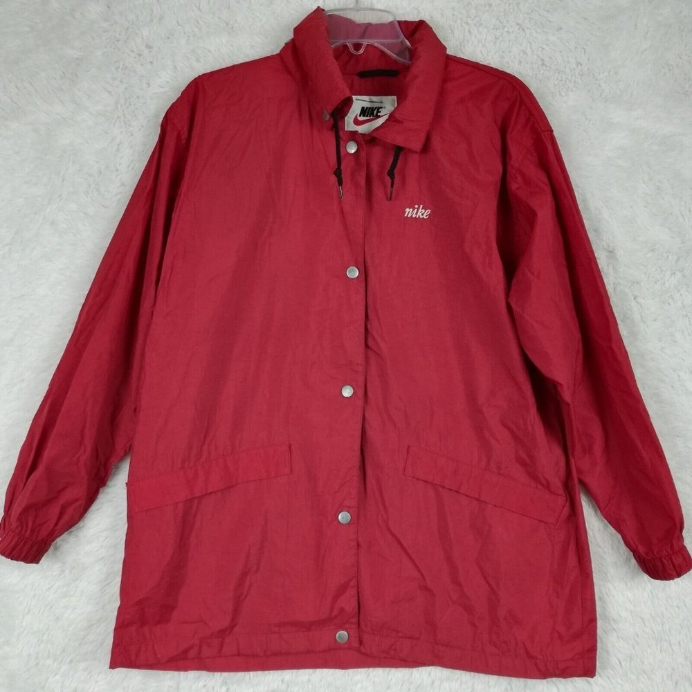 Vintage Nike Womens Track Jacket Red Hooded Snap Front Windbreaker S 4-6‎